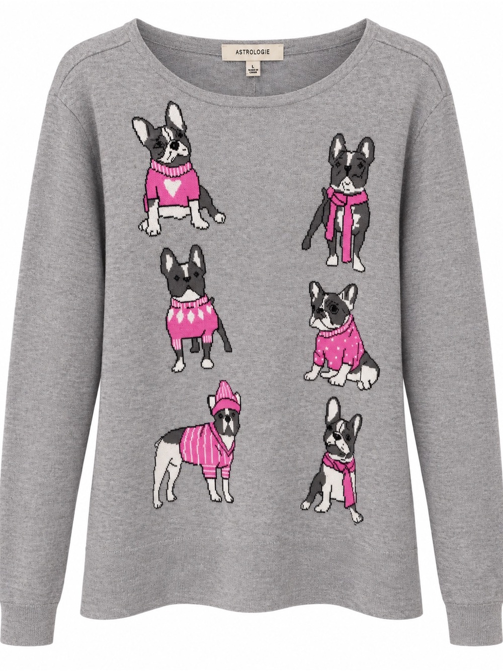 Anthropologie Gray Crewneck Sweater with Pink Dog Motifs